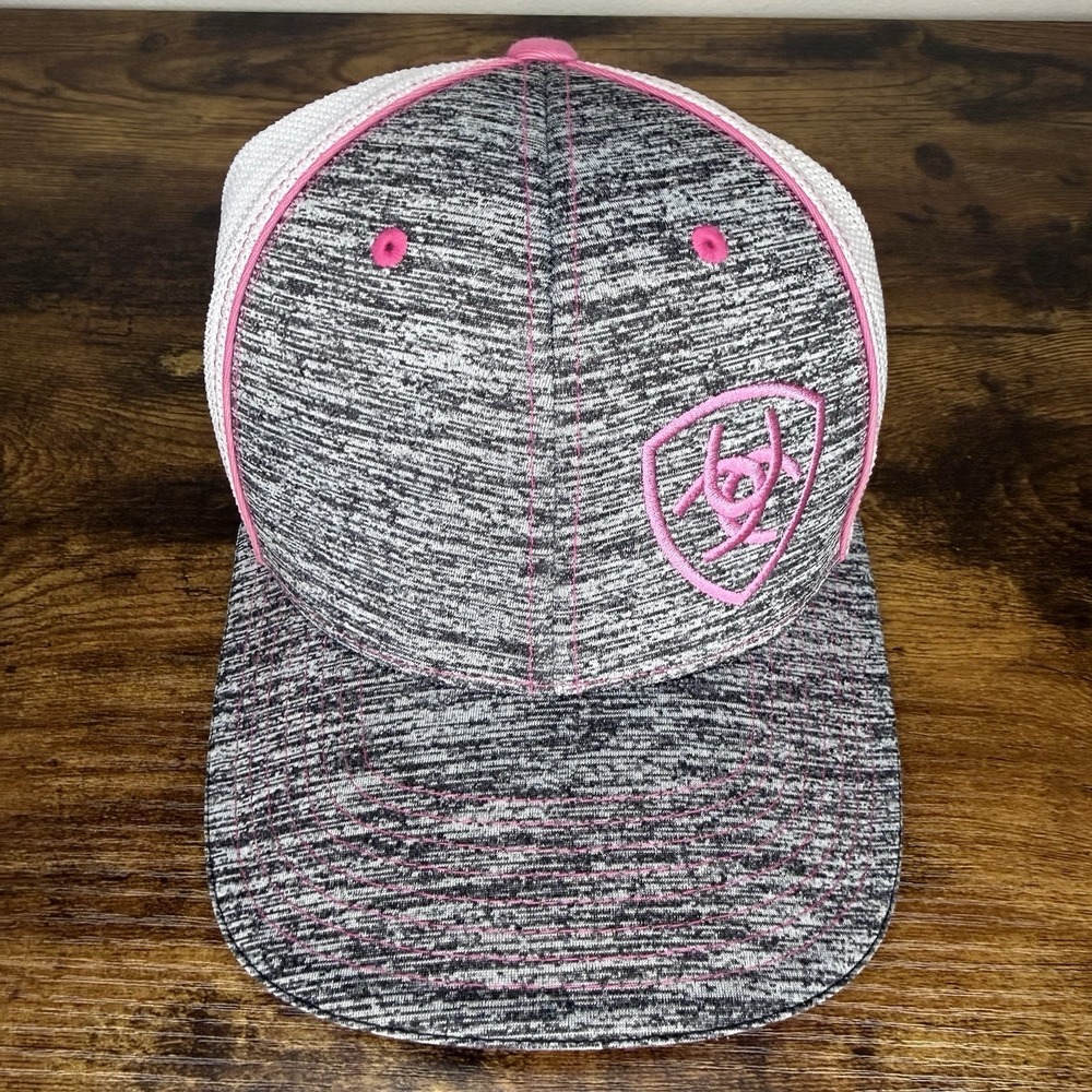Ariat 110 Flexfit Tech Trucker Hat Womens Gray Pink White Mesh Snapback Cap